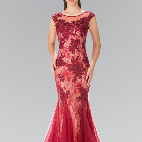 new burgundy Sleeveless Lace Long Dress with Tulle Skirt GL2276 - Picture 1 of 3